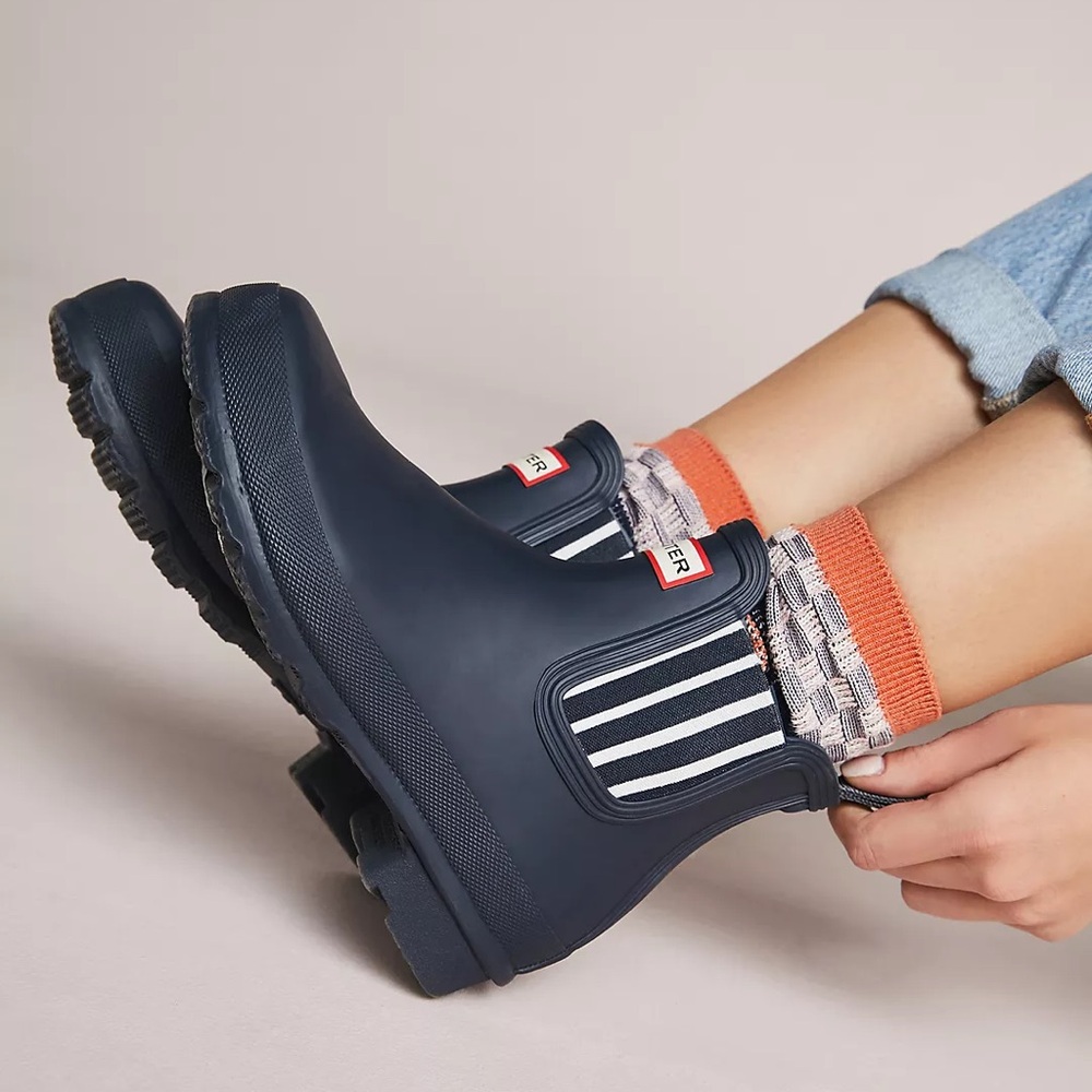 Hunter Navy Stripe Chelsea Rain Boots